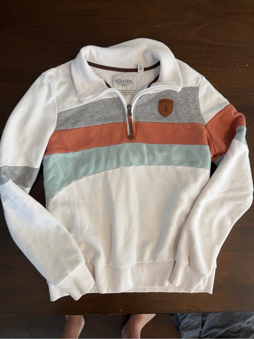 Wanakome women’s White Quarter-Zip Stripe Sweater with Rust & Mint Accents